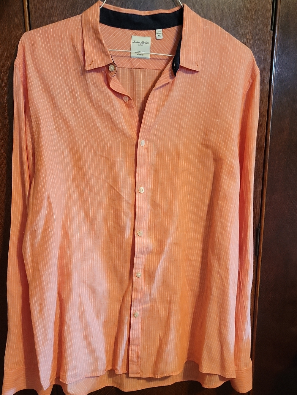 Baird McNutt Irish Linen Coral Pinstripe Long-Sleeve Button-Down Shirt